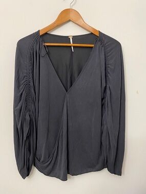 Free People Charcoal Long Sleeve V-Neck Draped Blouse